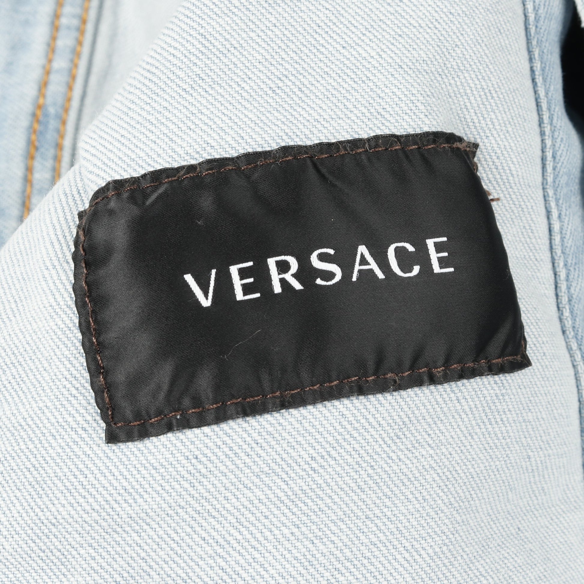 ストーンウォッシュ デニムジャケット コットン ライトブルー ホワイト イエロー ポケット切替 ヴェルサーチ アウター Versace