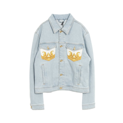 ストーンウォッシュ デニムジャケット コットン ライトブルー ホワイト イエロー ポケット切替 ヴェルサーチ アウター Versace