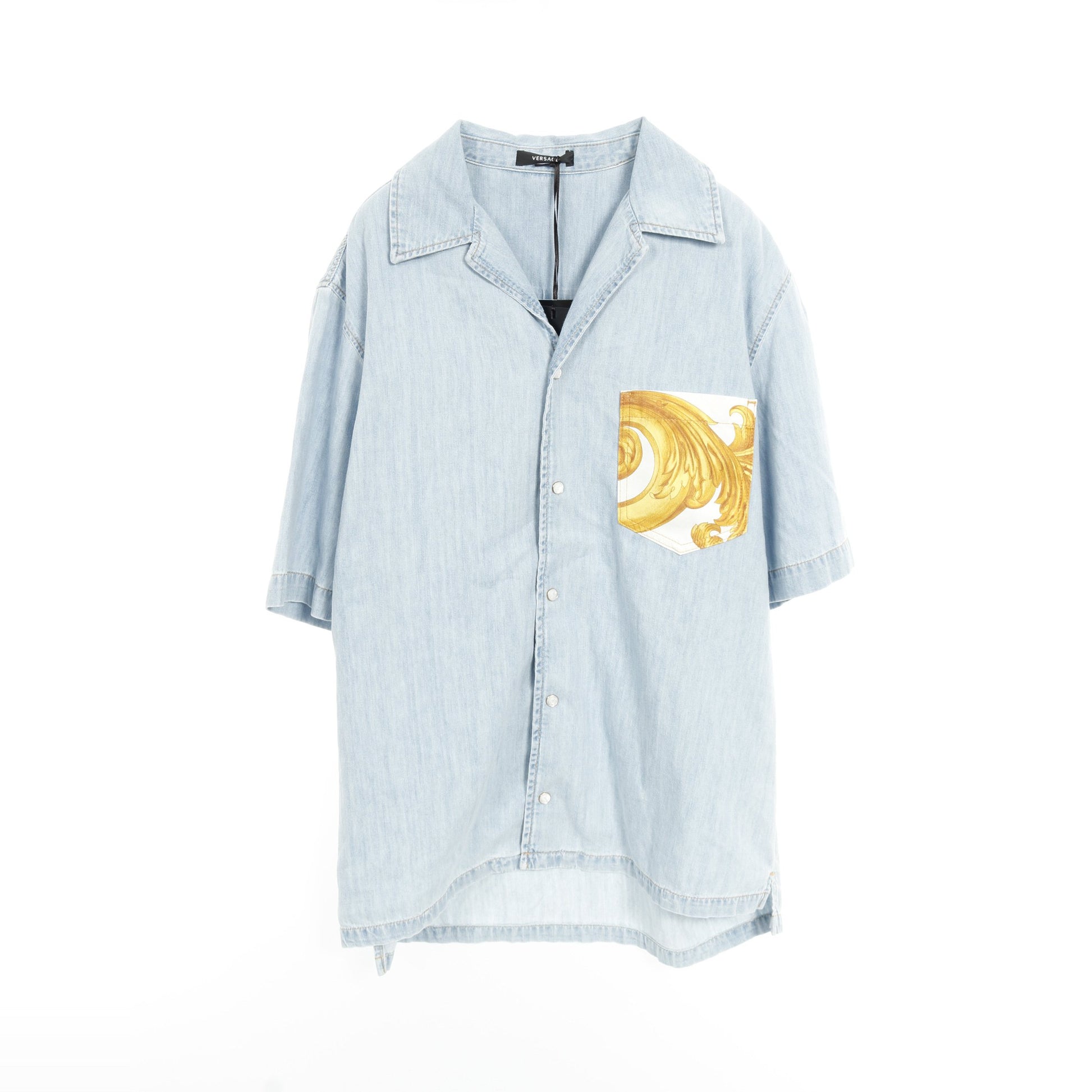 デニム シャツ 半袖 コットン ライトブルー ポケット切替 ヴェルサーチ トップス Versace