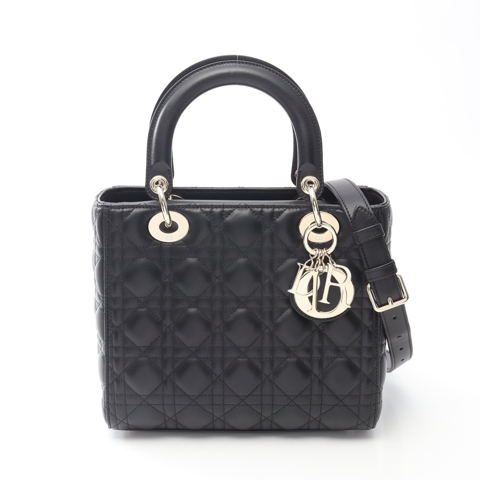 LADY DIOR ミディアムバッグ カナージュ ハンドバッグ レザー ブラック 2WAY クリスチャンディオール バッグ Christian Dior