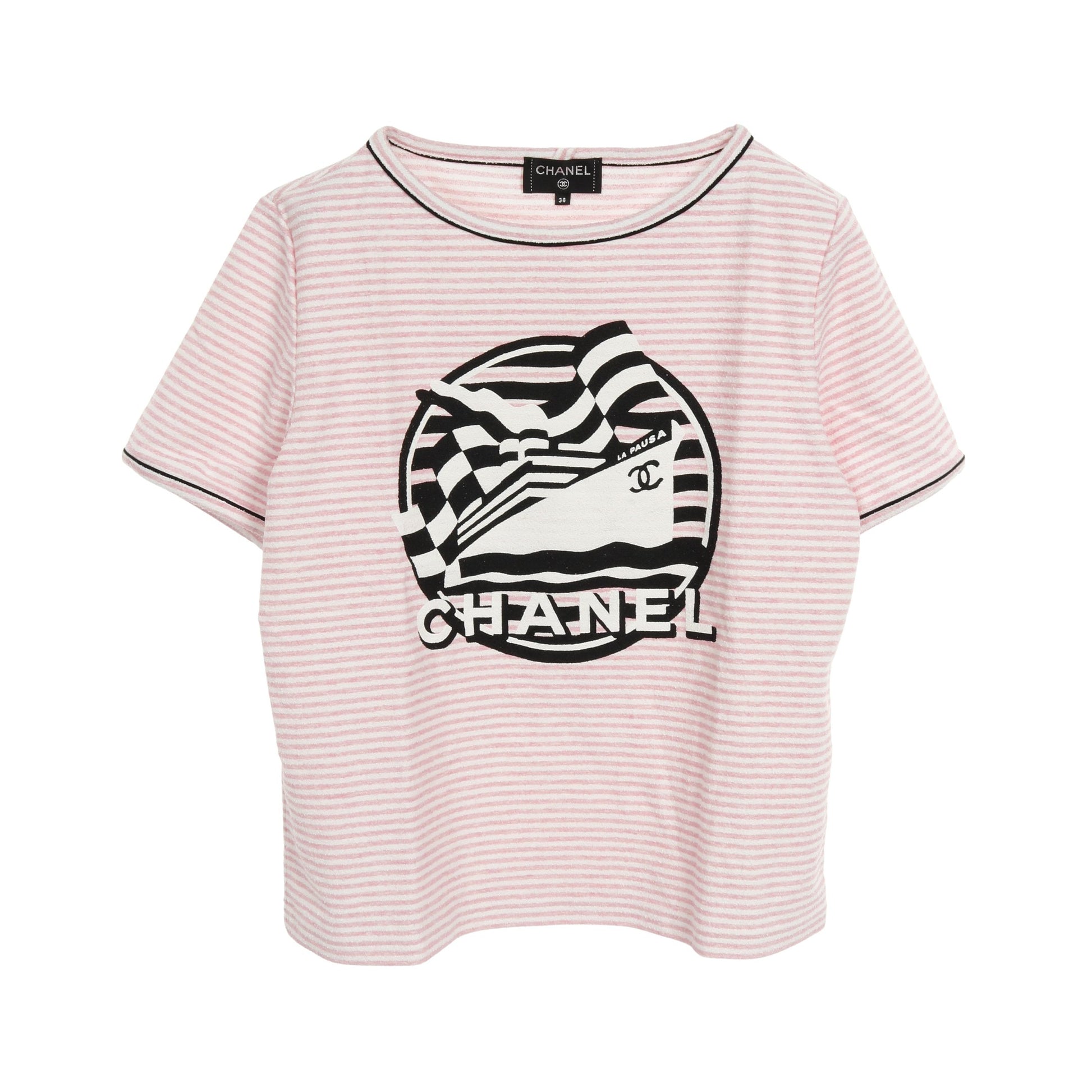 LA PAUSA パイル Tシャツ ボーダー コットン ホワイト ピンク ブラック シャネル トップス CHANEL
