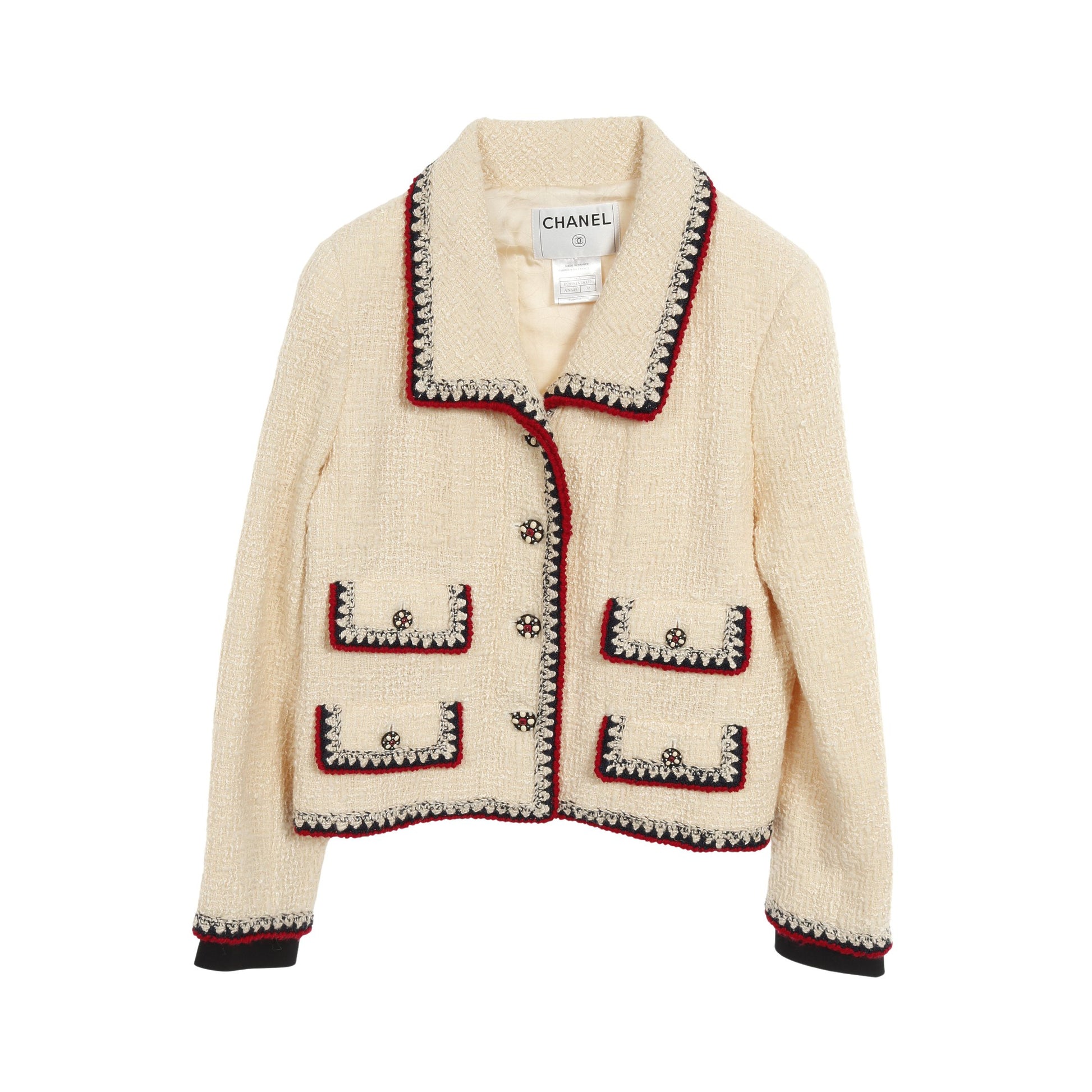 ツイード ジャケット ウール シルク モヘヤ アイボリー ネイビー レッド 06A シャネル アウター CHANEL