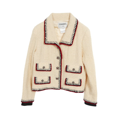 ツイード ジャケット ウール シルク モヘヤ アイボリー ネイビー レッド 06A シャネル アウター CHANEL