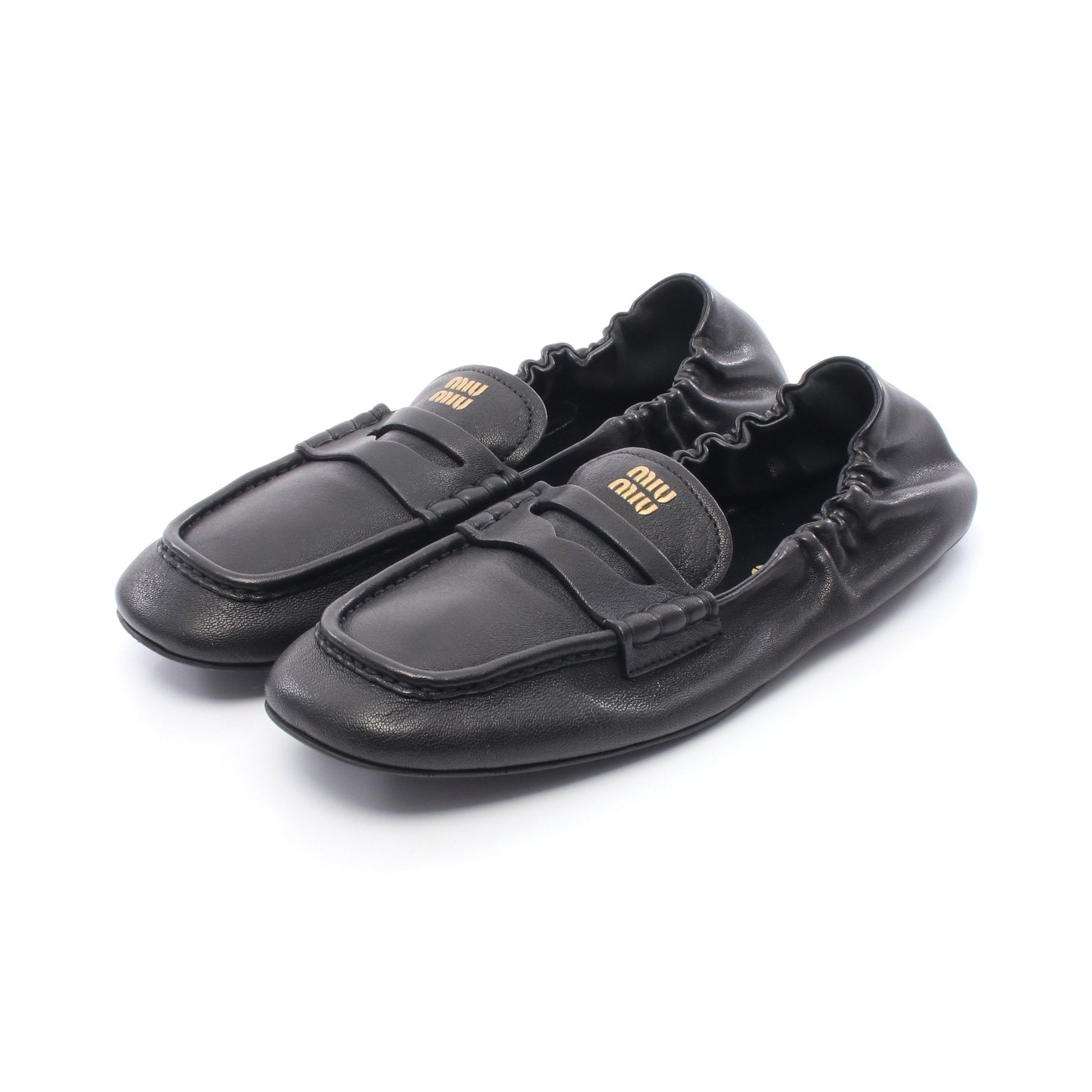 ルーシュ フラットシューズ ローファー レザー ブラック ミュウミュウ シューズ miu miu