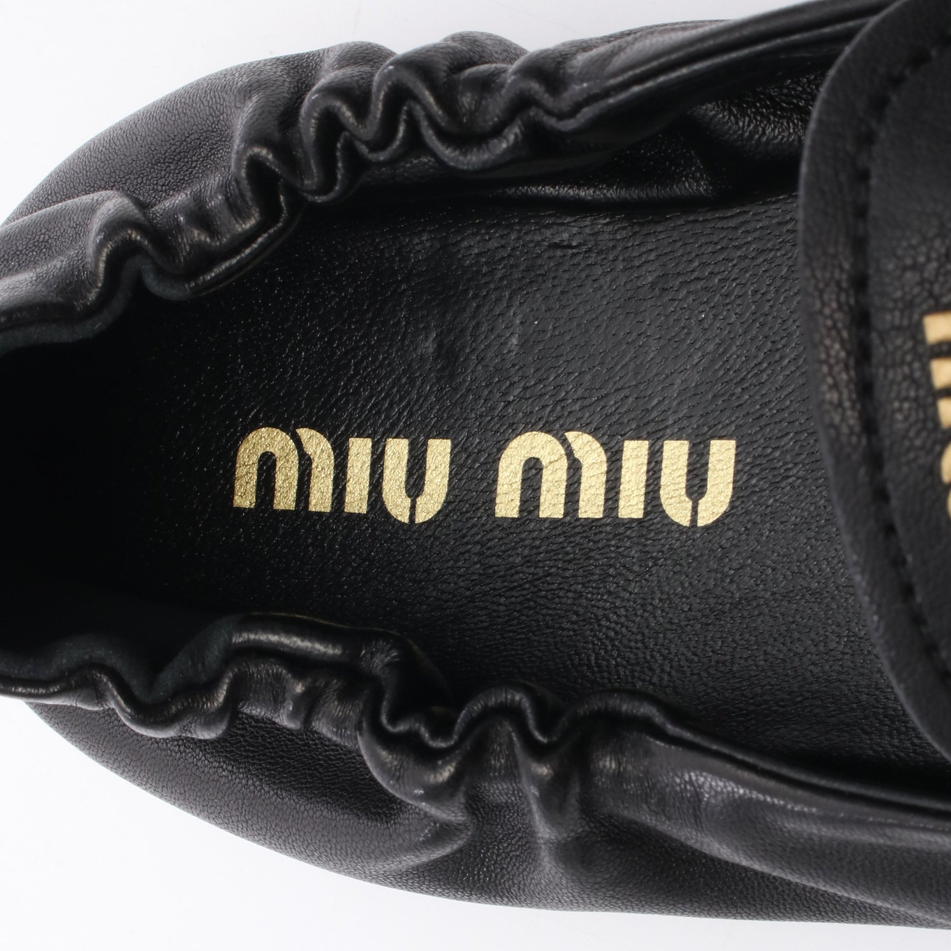 ルーシュ フラットシューズ ローファー レザー ブラック ミュウミュウ シューズ miu miu