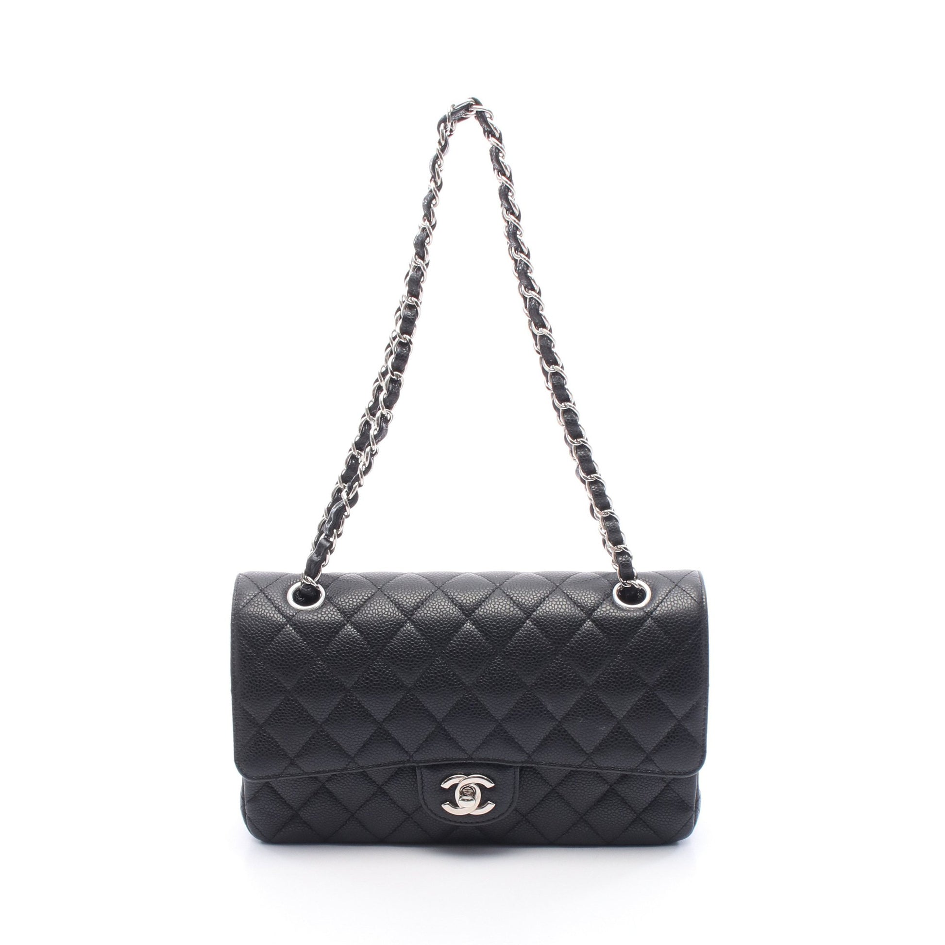 マトラッセ Wフラップ Wチェーンショルダーバッグ キャビアスキン ブラック シルバー金具 シャネル バッグ CHANEL