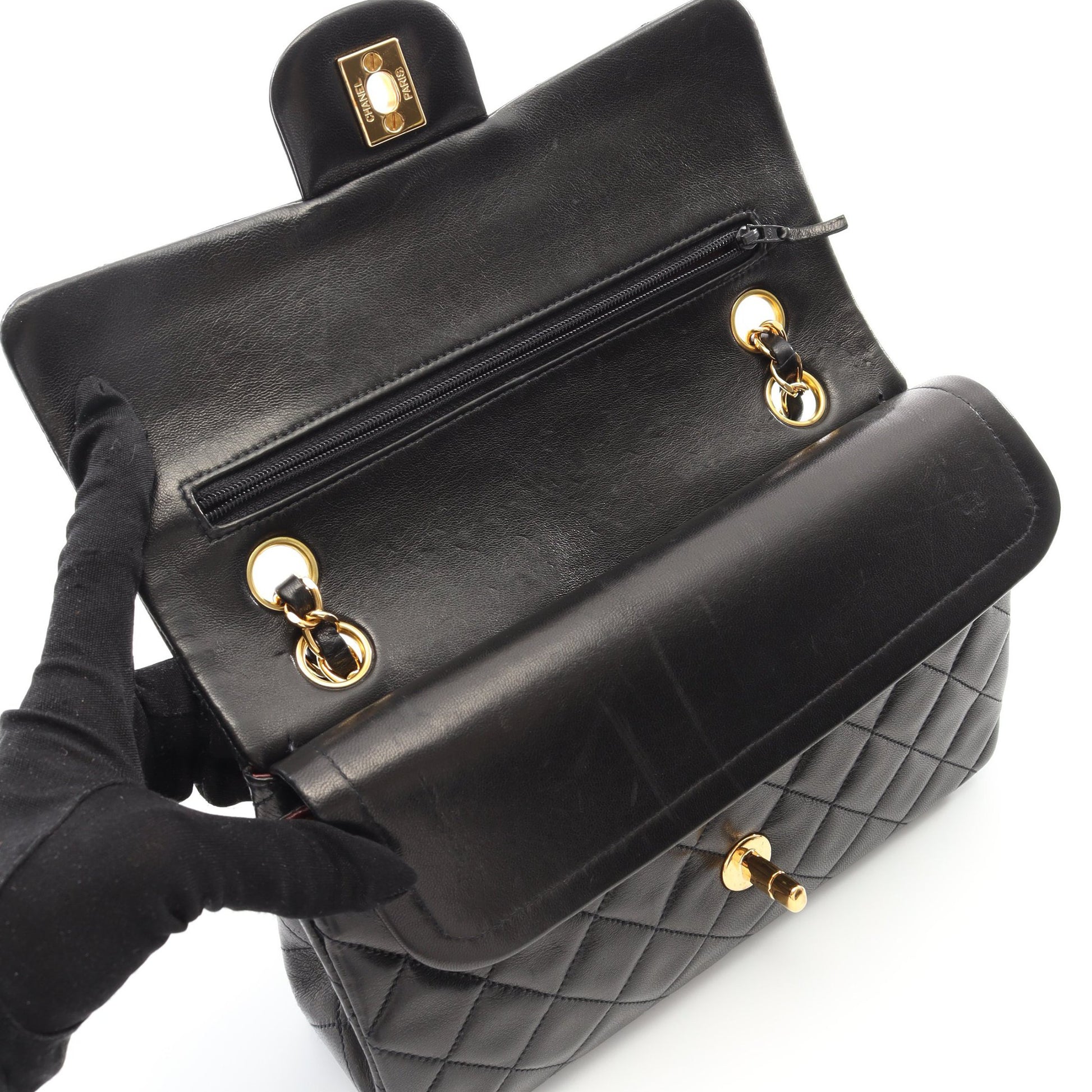 マトラッセ Wフラップ Wチェーンショルダーバッグ ラムスキン ブラック ゴールド金具 シャネル バッグ CHANEL