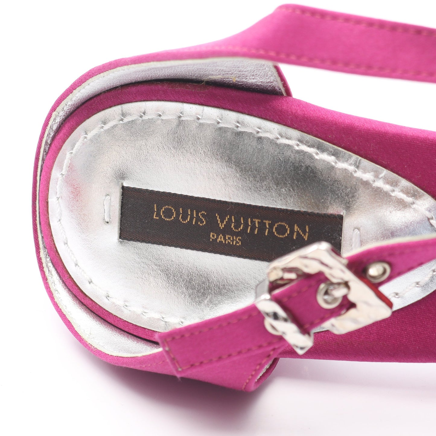 LVロゴ サンダル フラワー サテン レザー ピンクパープル レッド シルバー ルイヴィトン シューズ LOUIS VUITTON