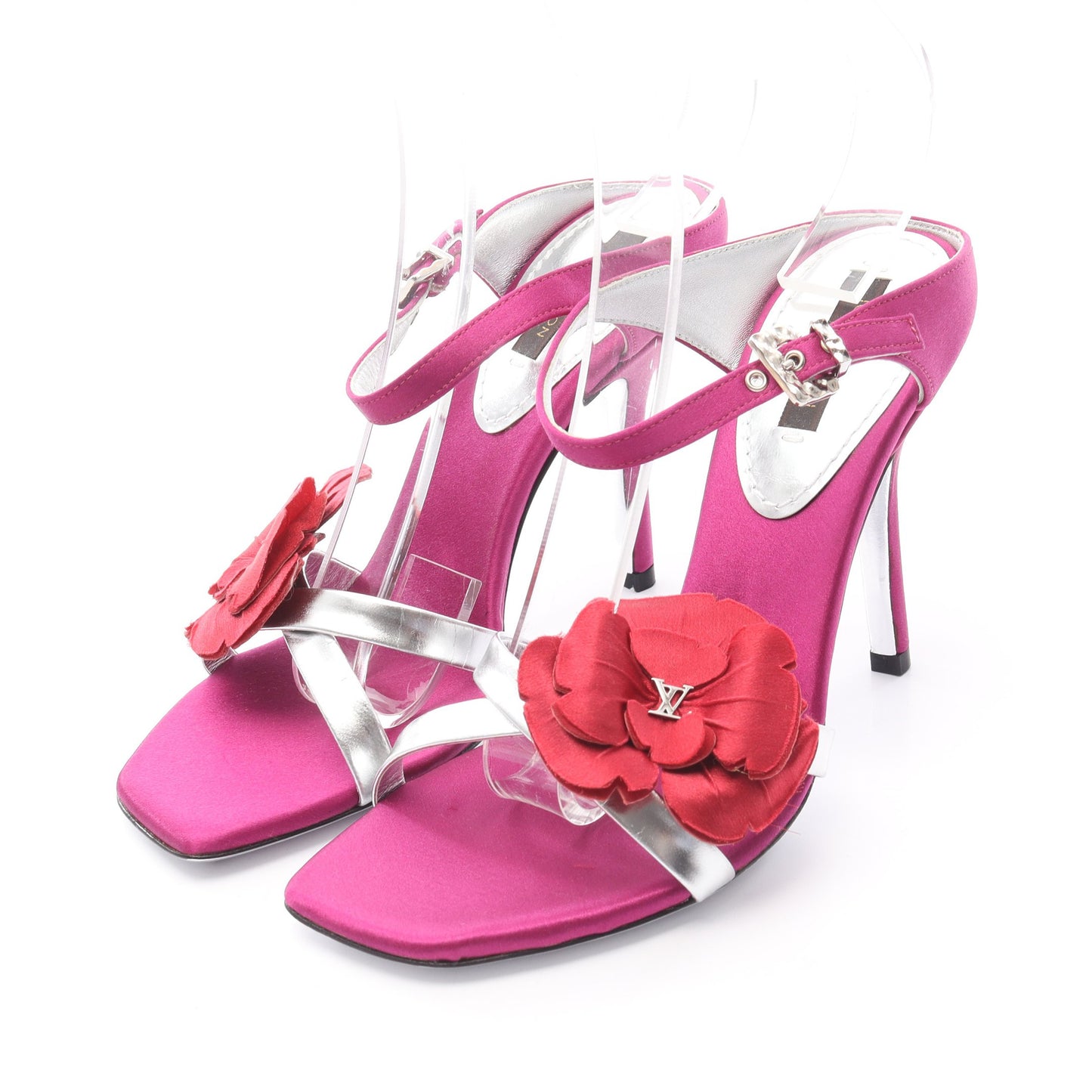 LVロゴ サンダル フラワー サテン レザー ピンクパープル レッド シルバー ルイヴィトン シューズ LOUIS VUITTON