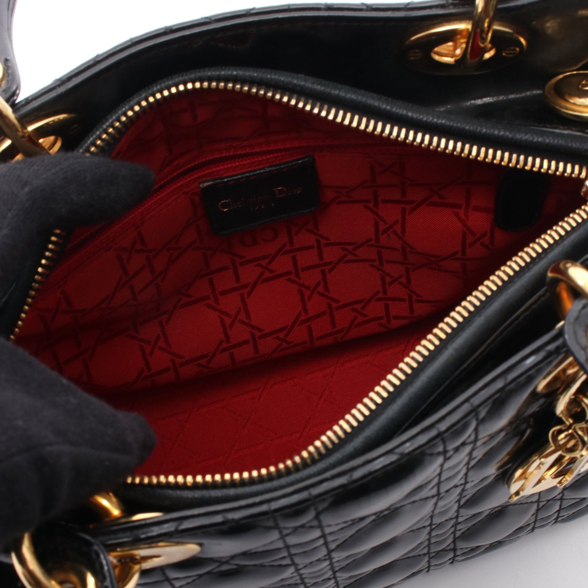 LADY DIOR レディディオール カナージュ ハンドバッグ エナメルレザー ブラック クリスチャンディオール バッグ Christian Dior