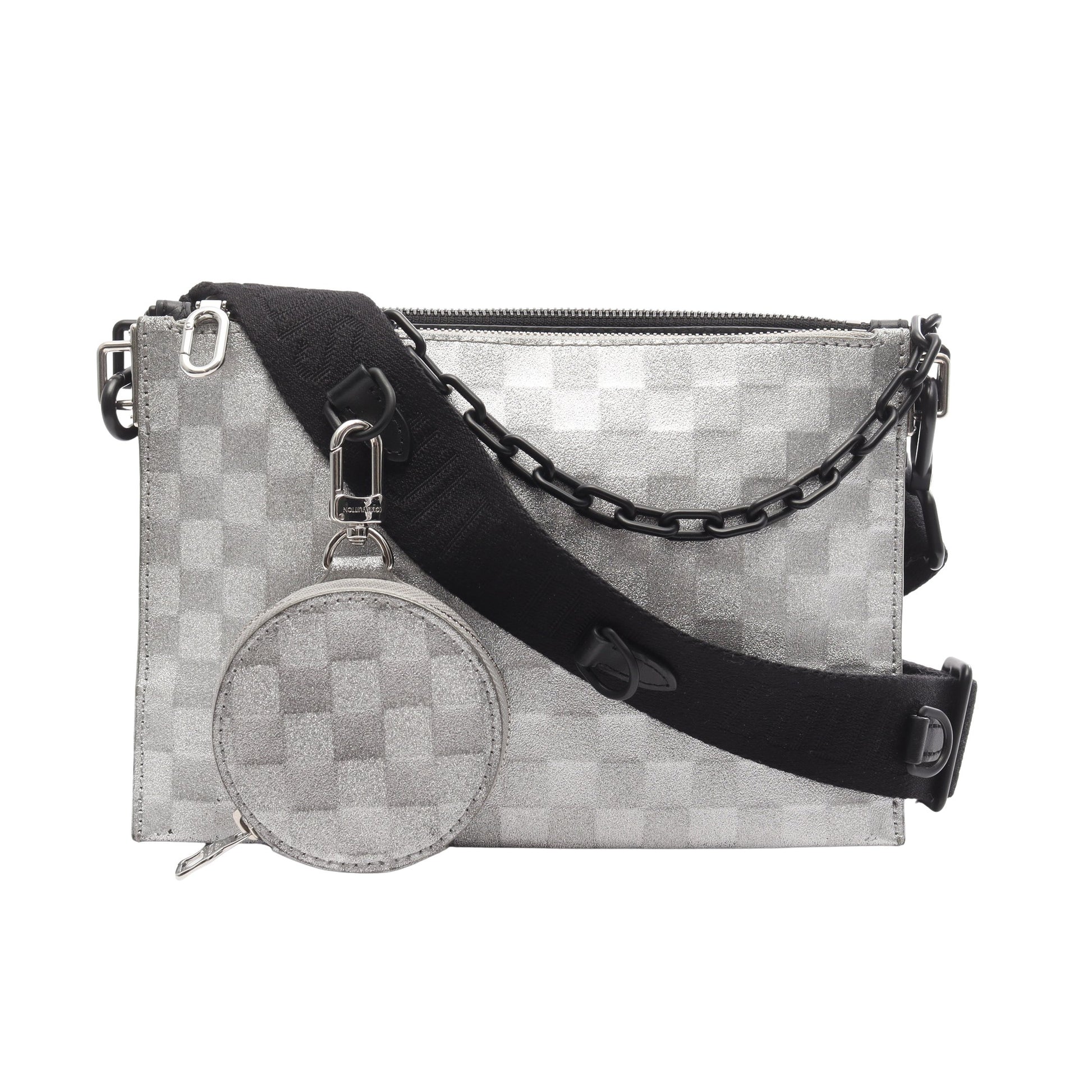 トリオポーチNM ダミエグリッター ショルダーバッグ レザー シルバー  