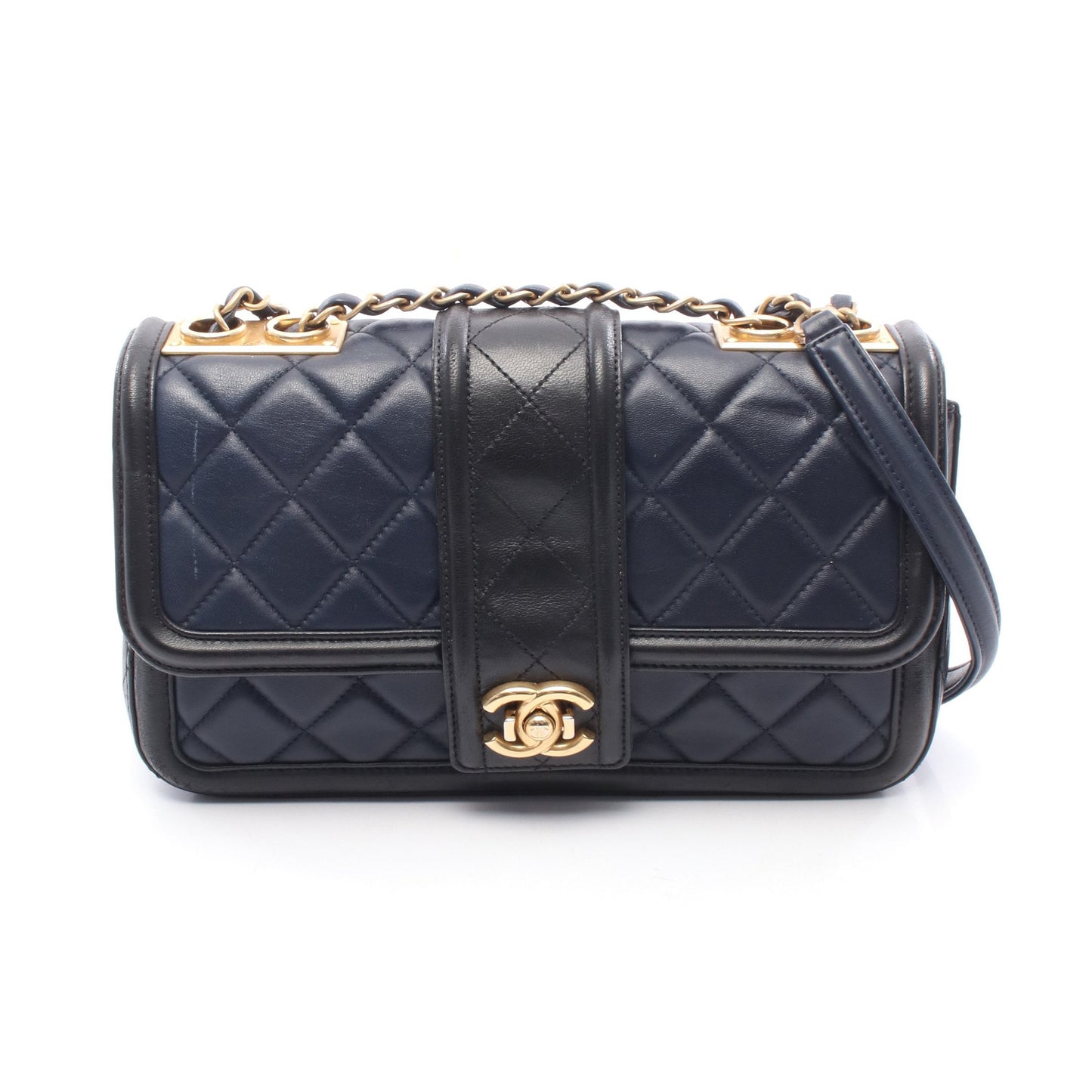 マトラッセ チェーンショルダーバッグ ラムスキン ネイビー ブラック ゴールド金具 シャネル バッグ CHANEL