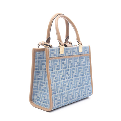 サンシャイン スモール ハンドバッグ トートバッグ キャンバス レザー ブルー ブラウン 2WAY フェンディ バッグ FENDI