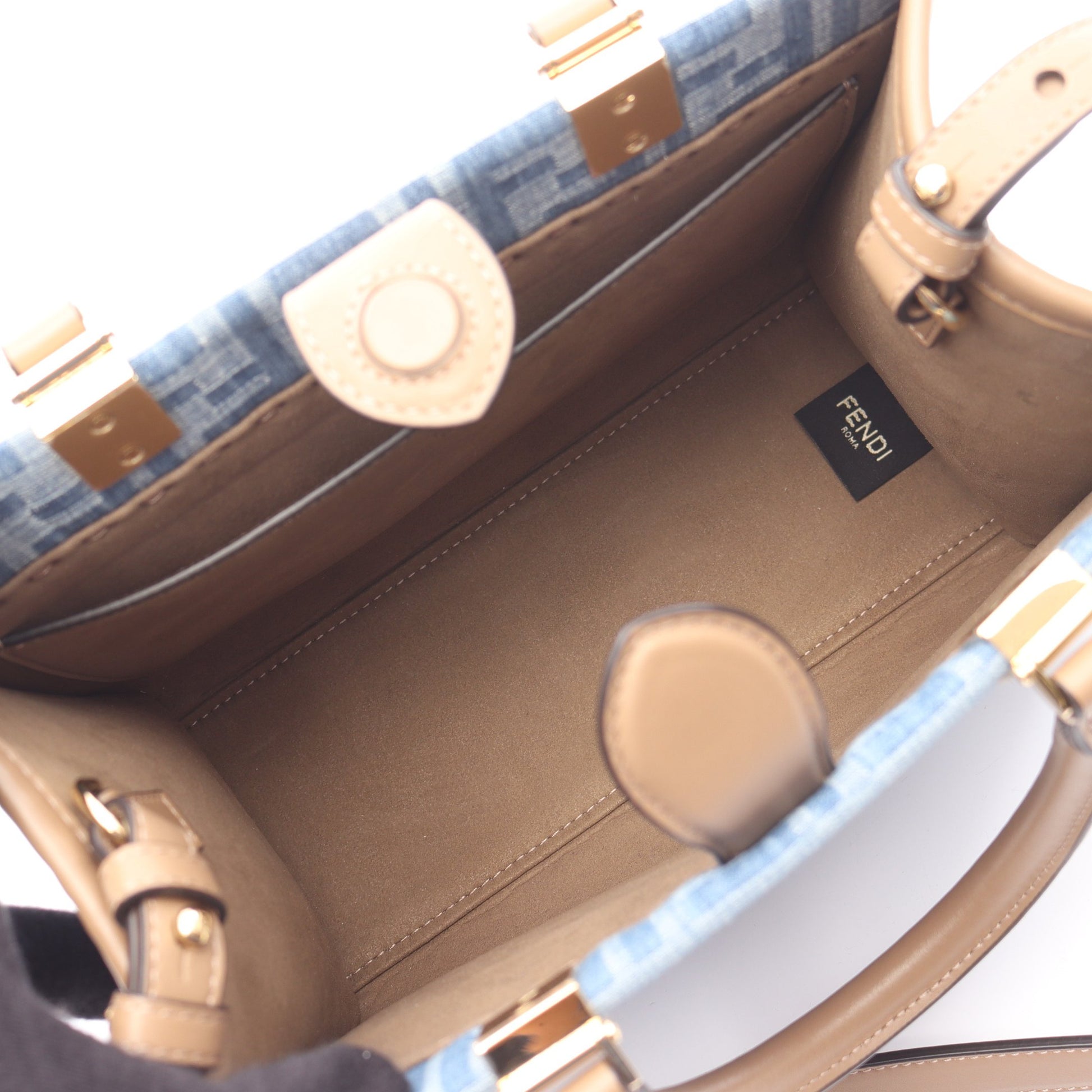 サンシャイン スモール ハンドバッグ トートバッグ キャンバス レザー ブルー ブラウン 2WAY フェンディ バッグ FENDI