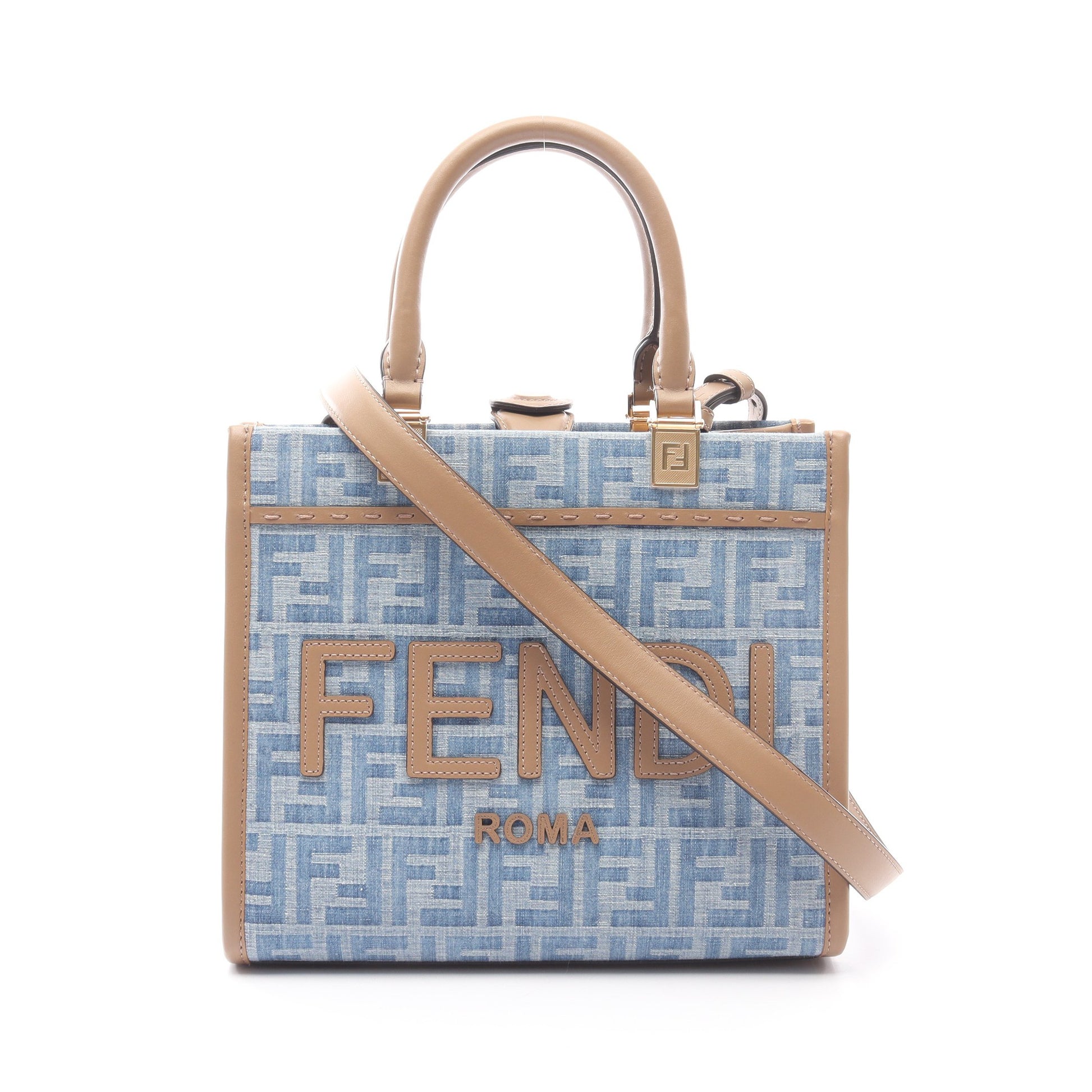 サンシャイン スモール ハンドバッグ トートバッグ キャンバス レザー ブルー ブラウン 2WAY フェンディ バッグ FENDI