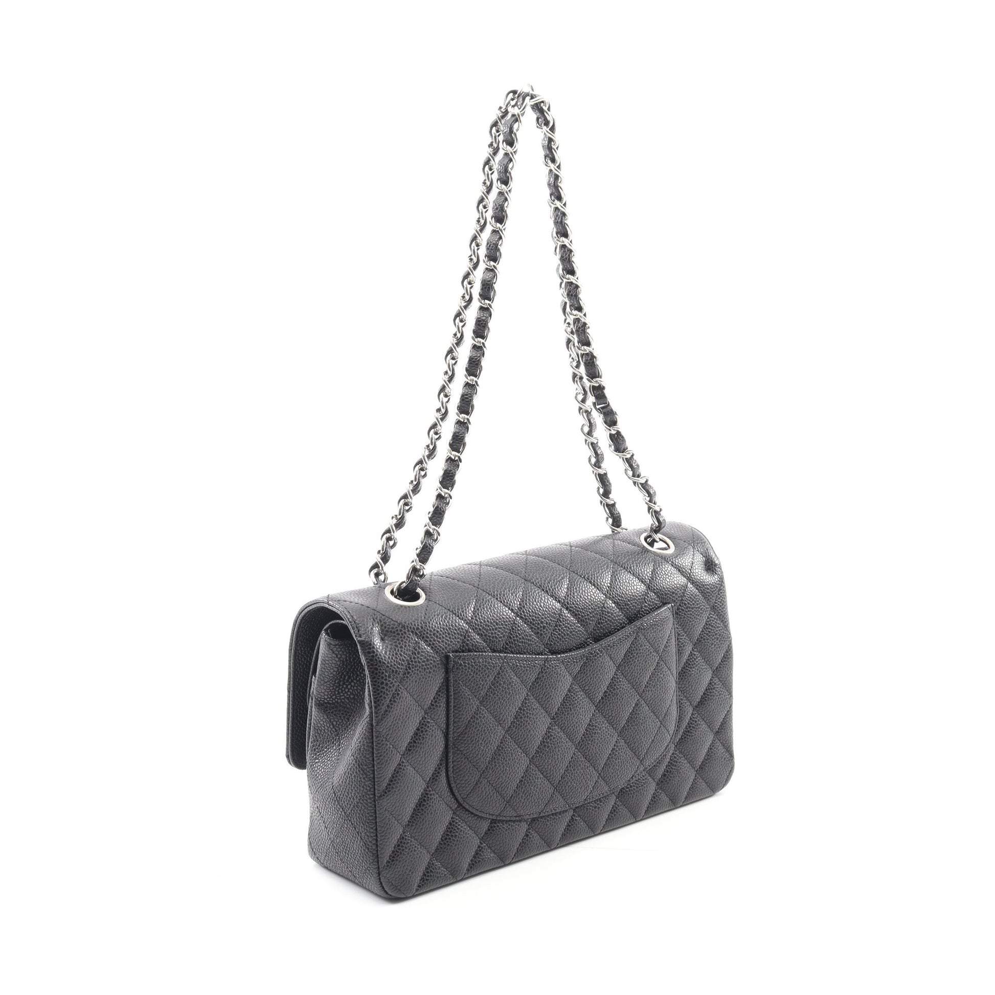 マトラッセ Wフラップ Wチェーンショルダーバッグ キャビアスキン ブラック シルバー金具 シャネル バッグ CHANEL