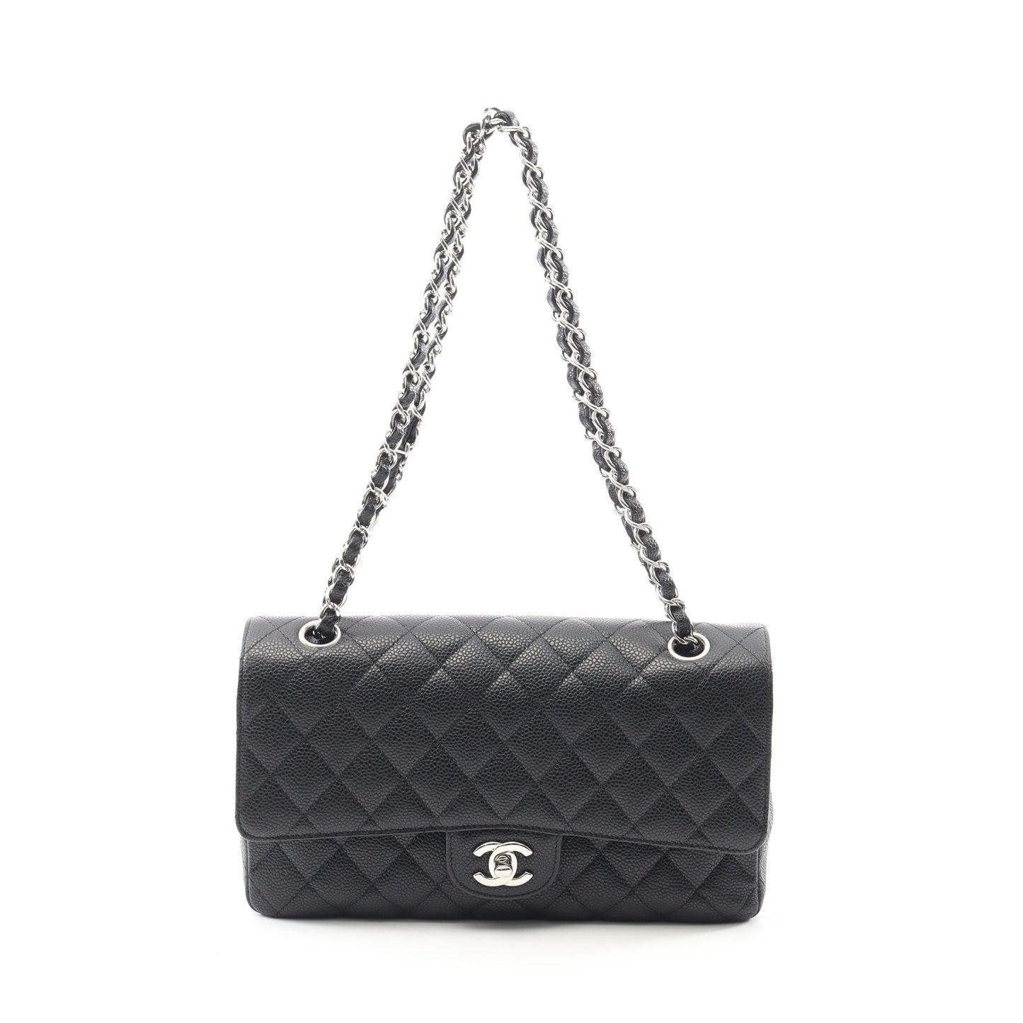 マトラッセ Wフラップ Wチェーンショルダーバッグ キャビアスキン ブラック シルバー金具 シャネル バッグ CHANEL
