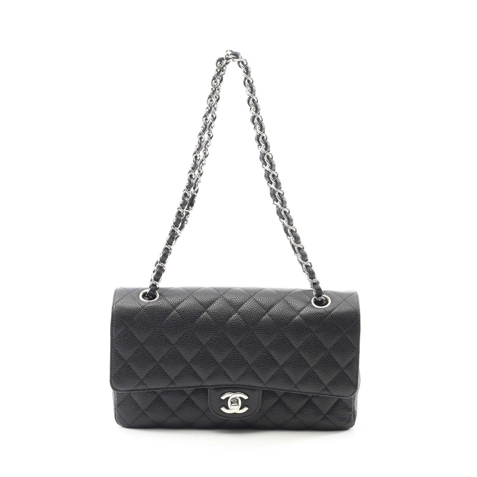 マトラッセ Wフラップ Wチェーンショルダーバッグ キャビアスキン ブラック シルバー金具 シャネル バッグ CHANEL