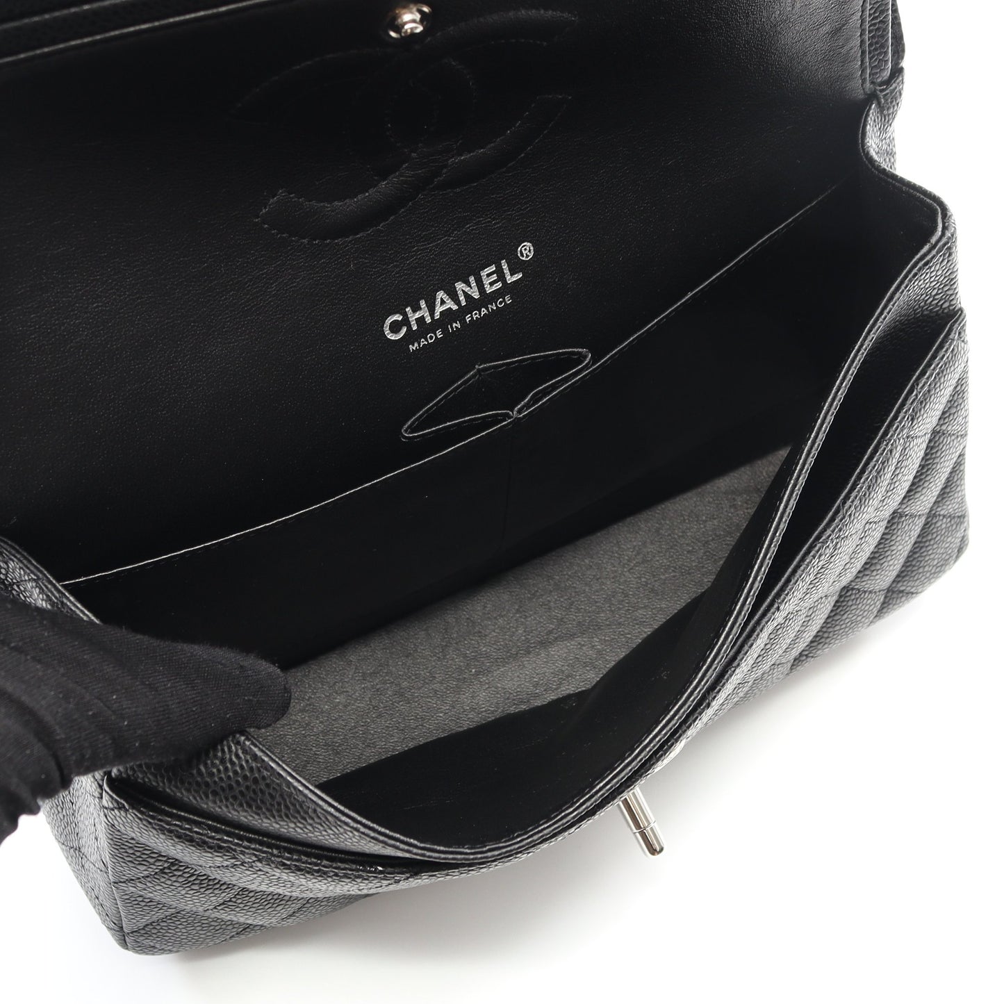 マトラッセ Wフラップ Wチェーンショルダーバッグ キャビアスキン ブラック シルバー金具 シャネル バッグ CHANEL