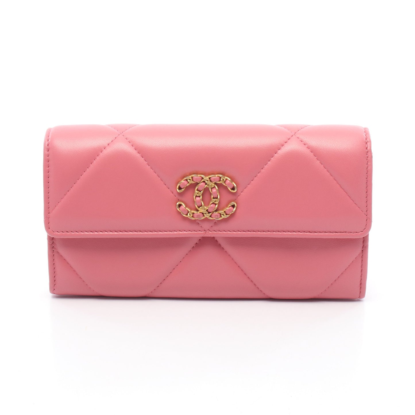 CHANEL 19 ロング フラップ ウォレット 二つ折り長財布 レザー ピンク ゴールド金具 シャネル 財布・小物 CHANEL