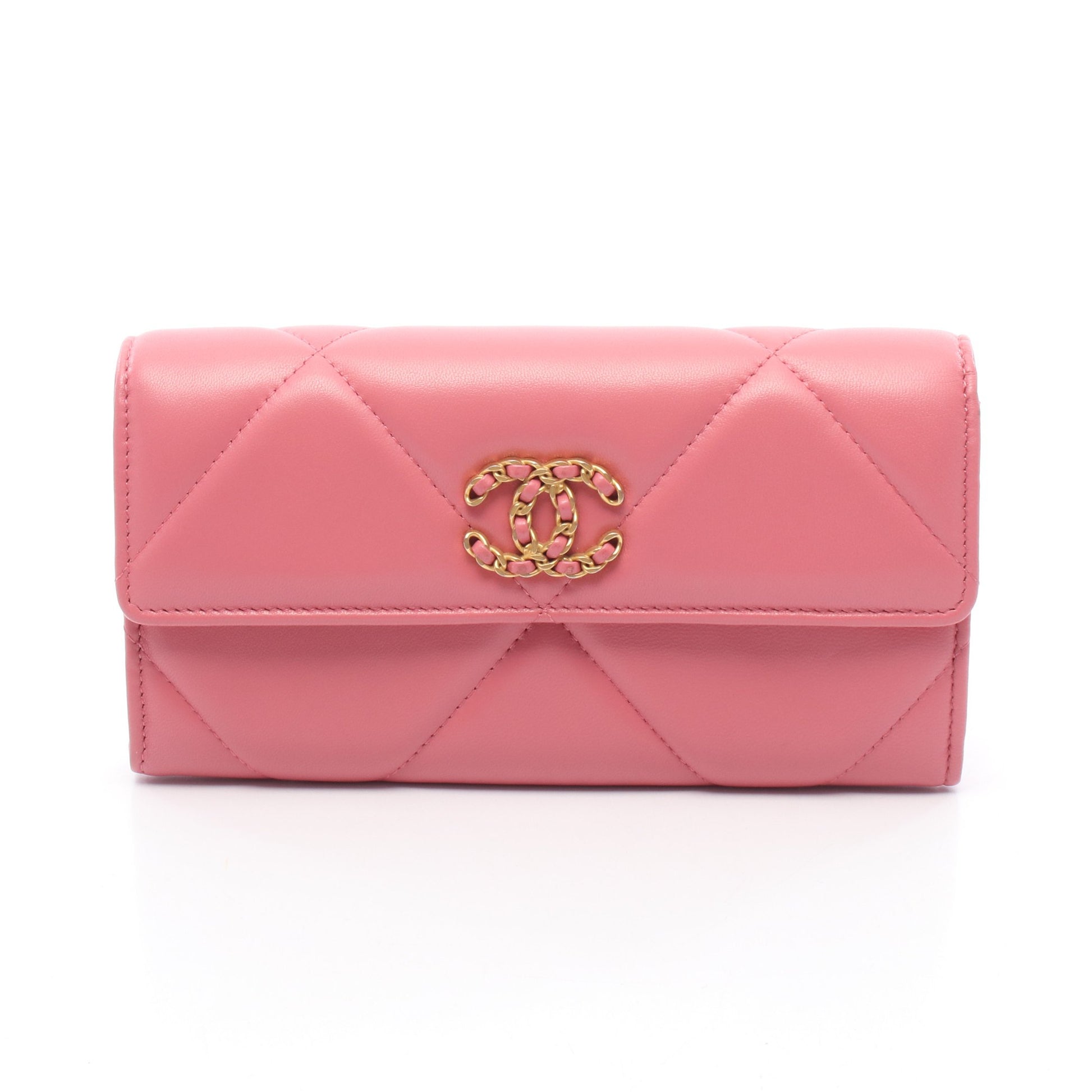 CHANEL 19 ロング フラップ ウォレット 二つ折り長財布 レザー ピンク ゴールド金具 シャネル 財布・小物 CHANEL